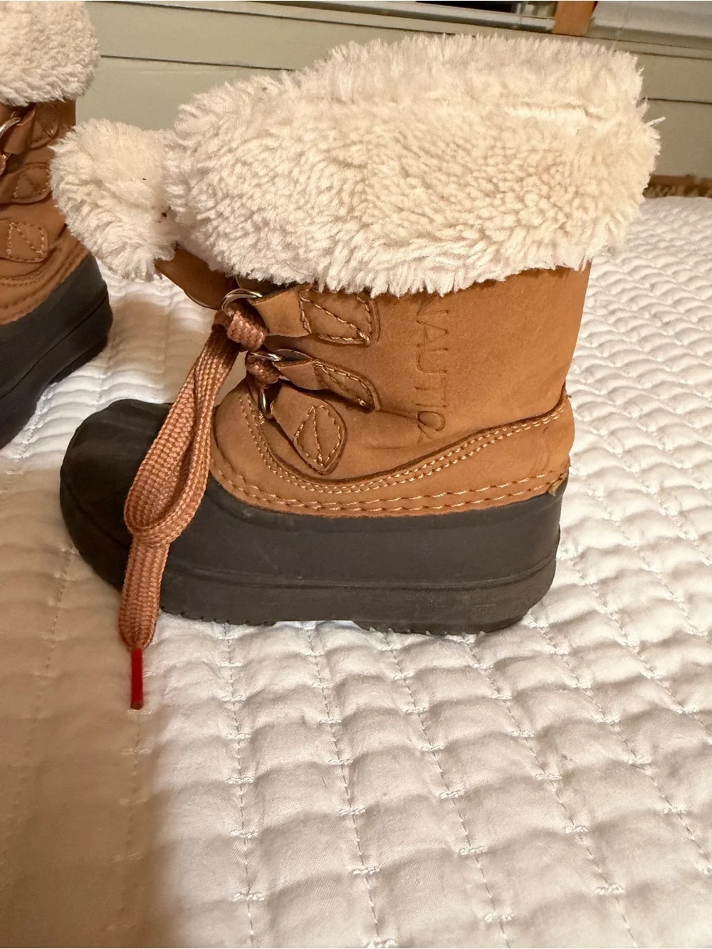 Nautica Brown and Black Kids Snow Boots with Cream Fleece Cuff